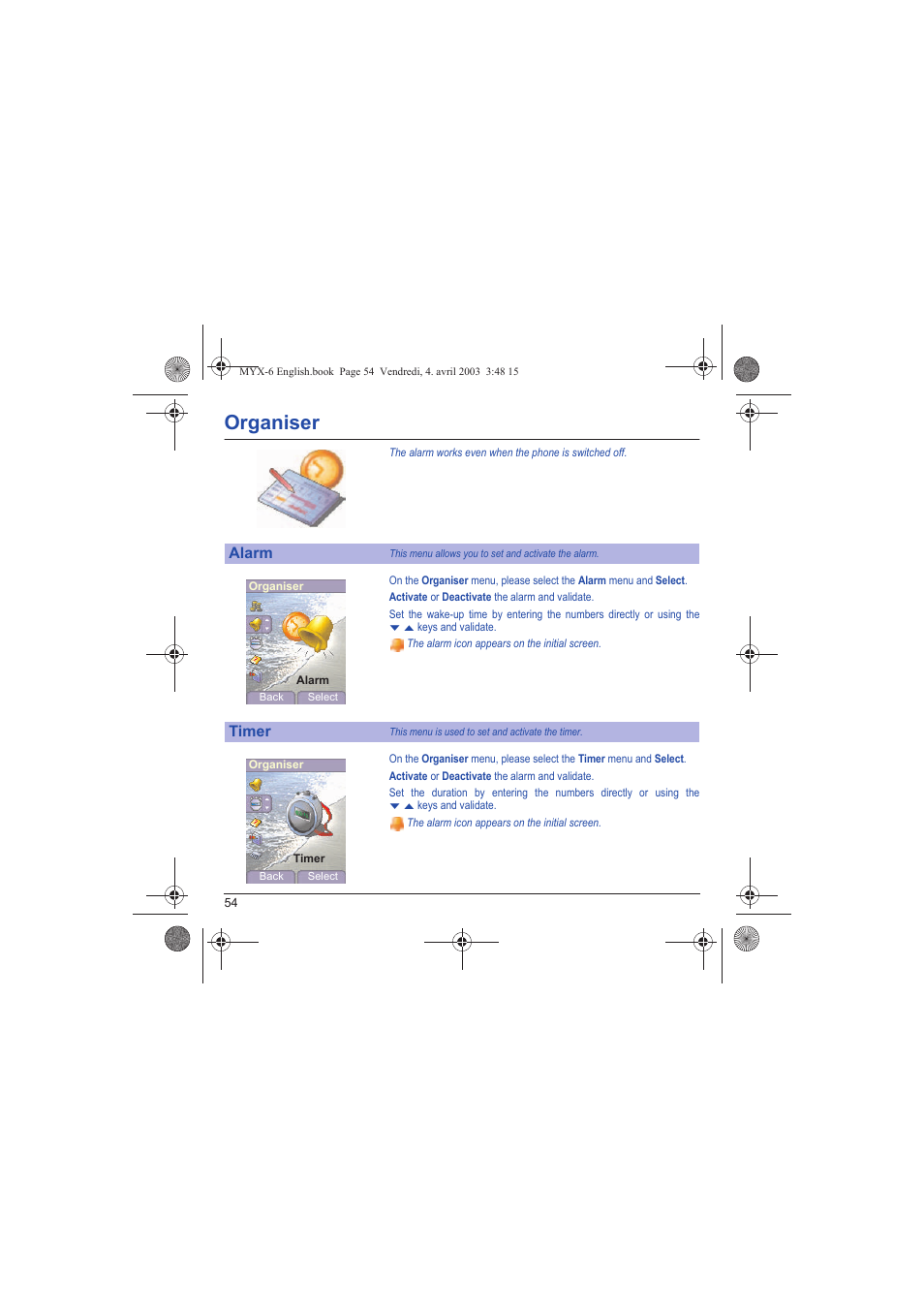 Alarm timer, Organiser | Sagem myX-6 User Manual | Page 57 / 89