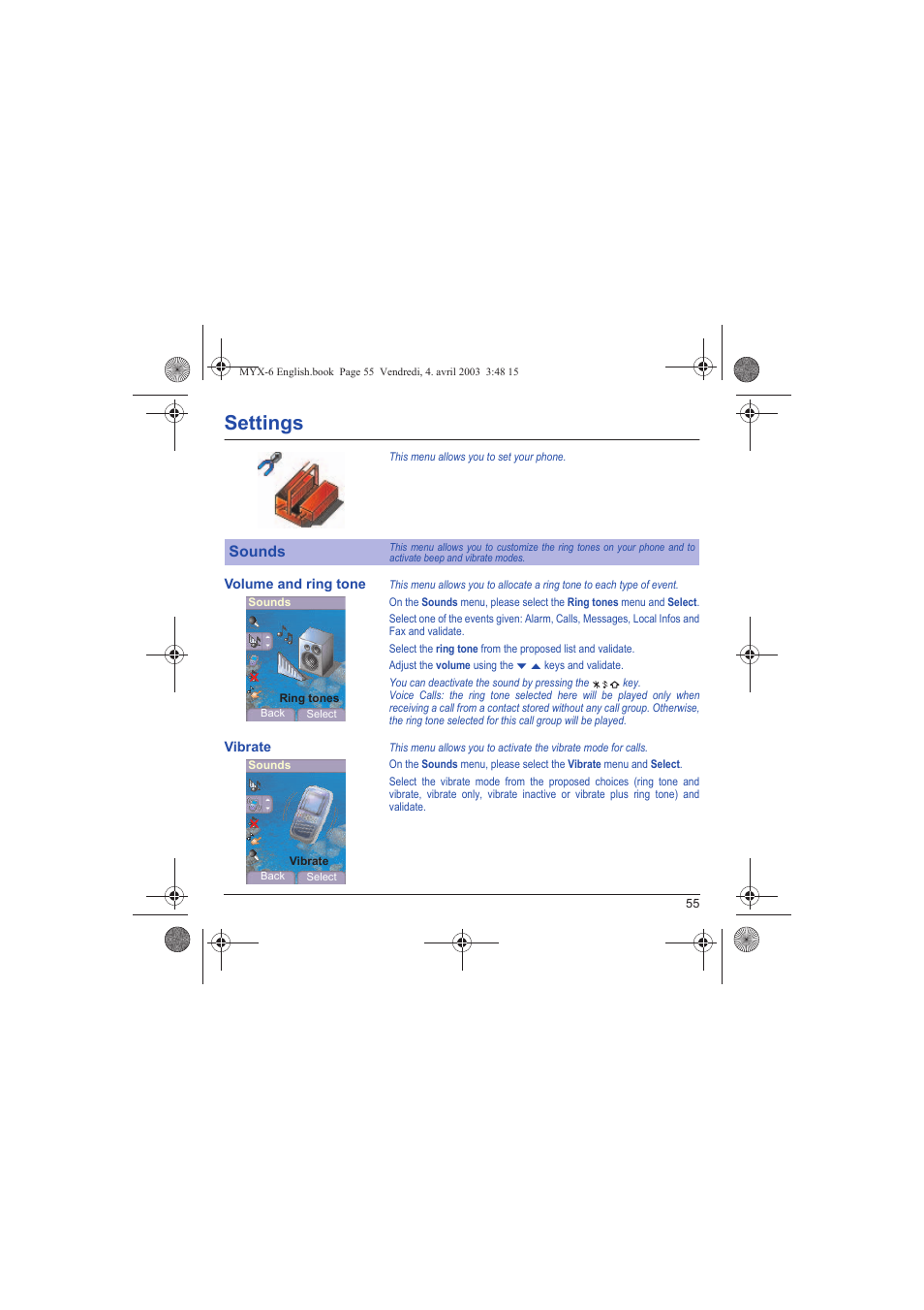 Settings, Sounds, Volume and ring tone vibrate | Sagem myX-6 User Manual | Page 58 / 89