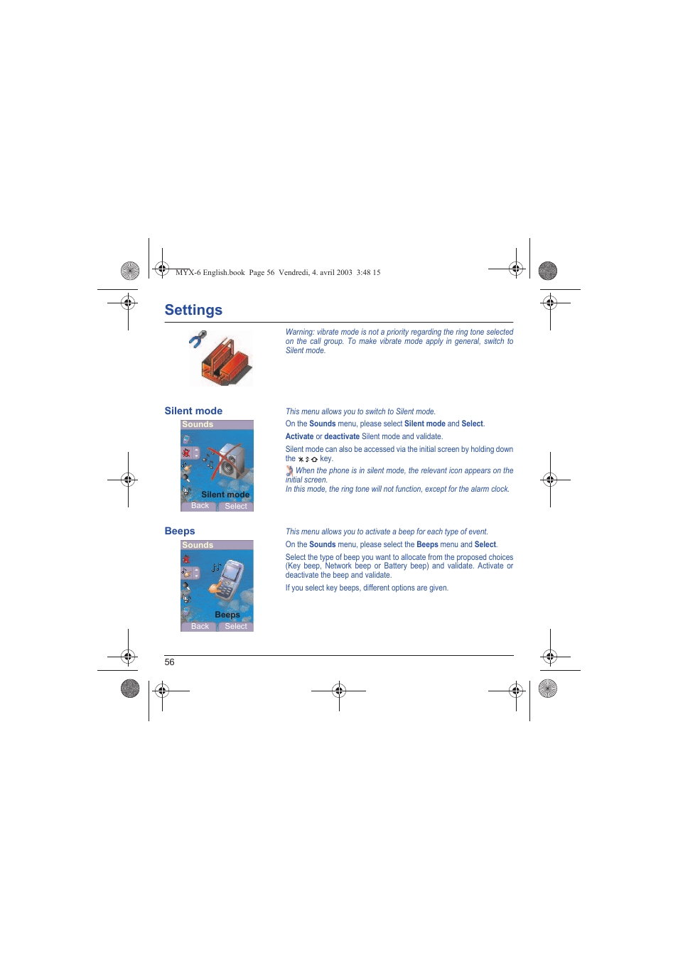 Silent mode beeps, Settings | Sagem myX-6 User Manual | Page 59 / 89