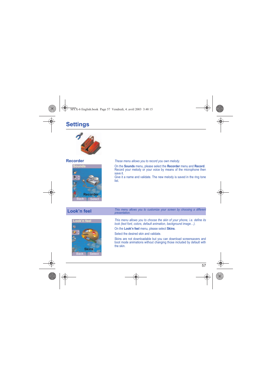 Recorder, Look’n feel, Settings | Sagem myX-6 User Manual | Page 60 / 89