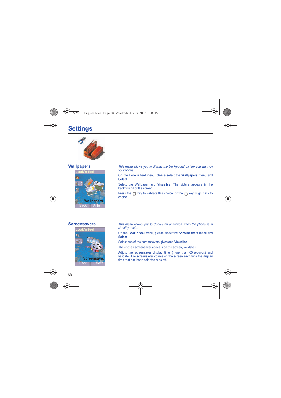 Wallpapers screensavers, Settings | Sagem myX-6 User Manual | Page 61 / 89