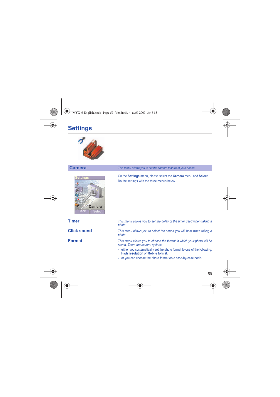 Camera, Timer click sound format, Settings | Sagem myX-6 User Manual | Page 62 / 89