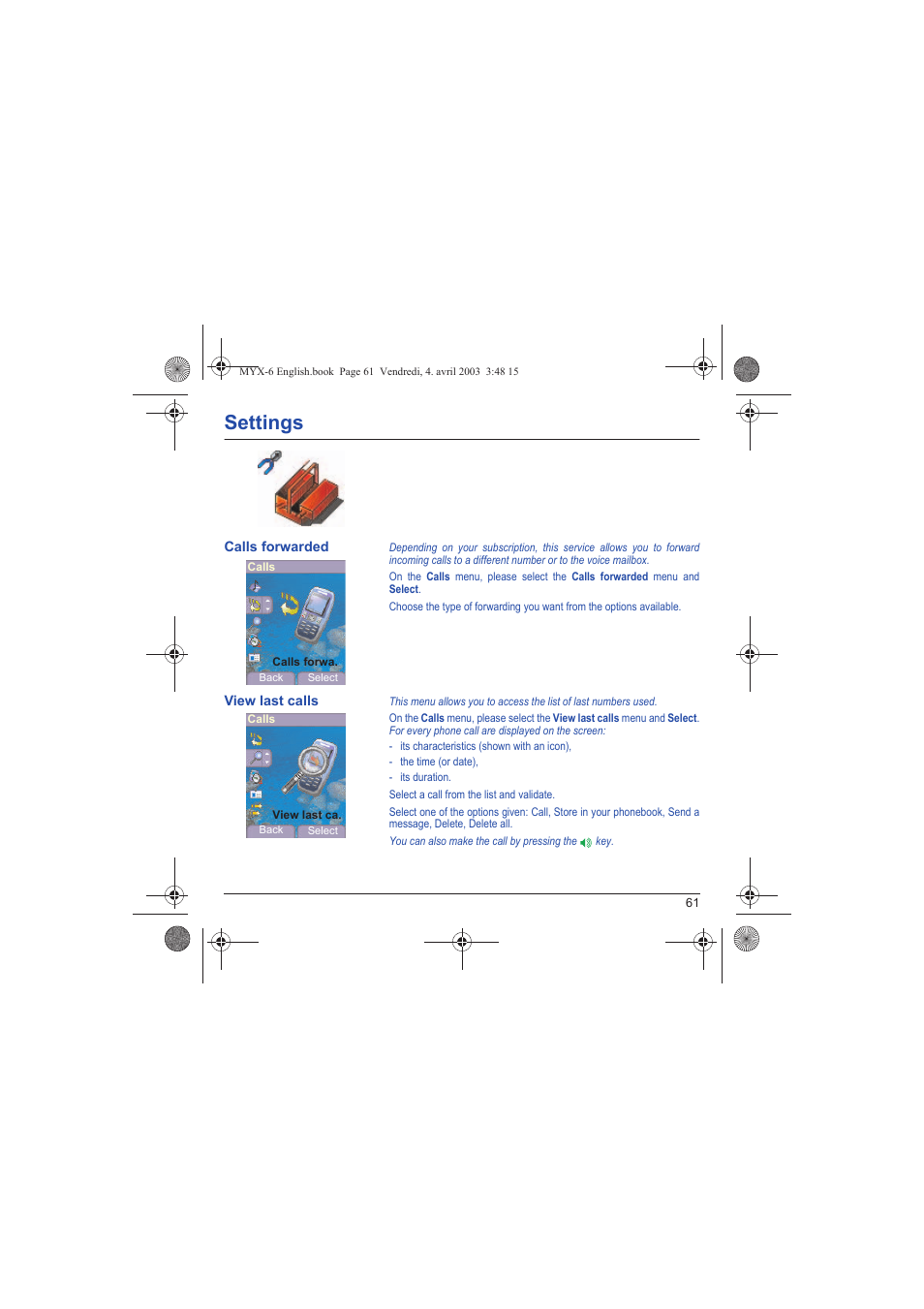 Calls forwarded view last calls, Settings | Sagem myX-6 User Manual | Page 64 / 89