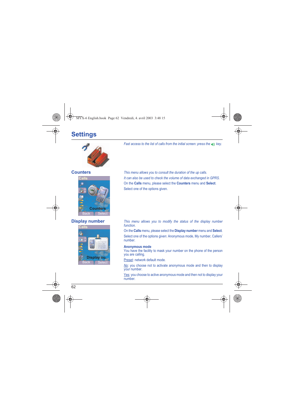 Counters display number, Settings | Sagem myX-6 User Manual | Page 65 / 89