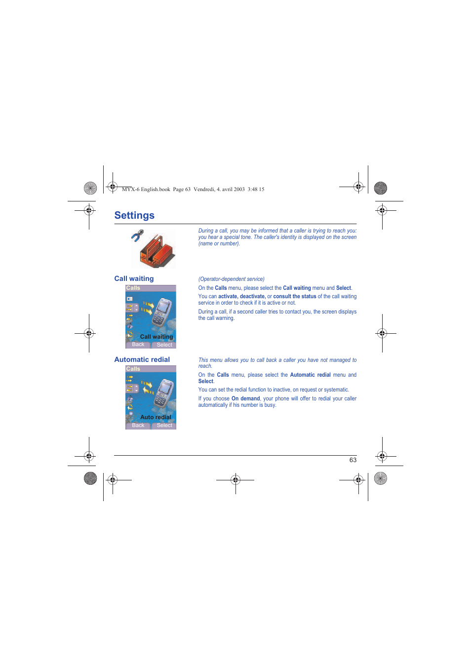 Call waiting automatic redial, Settings | Sagem myX-6 User Manual | Page 66 / 89