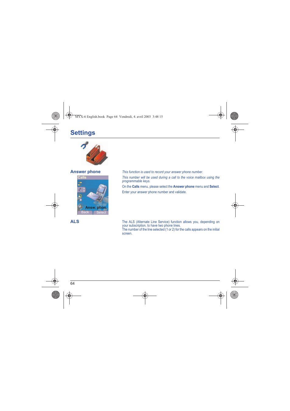 Answer phone als, Settings | Sagem myX-6 User Manual | Page 67 / 89