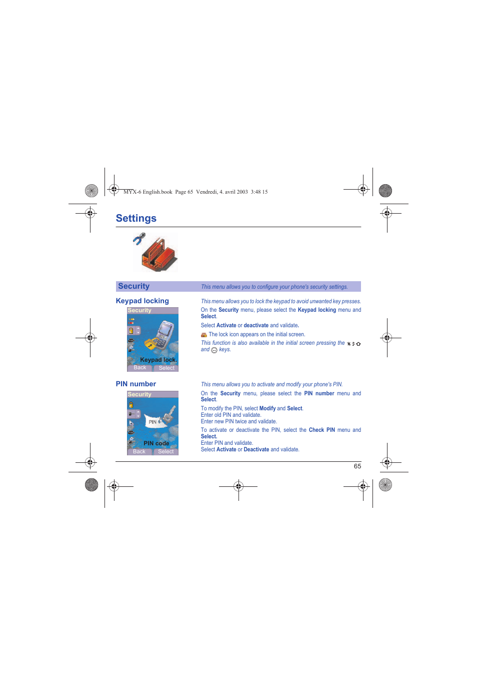 Security, Keypad locking pin number, Settings | Sagem myX-6 User Manual | Page 68 / 89