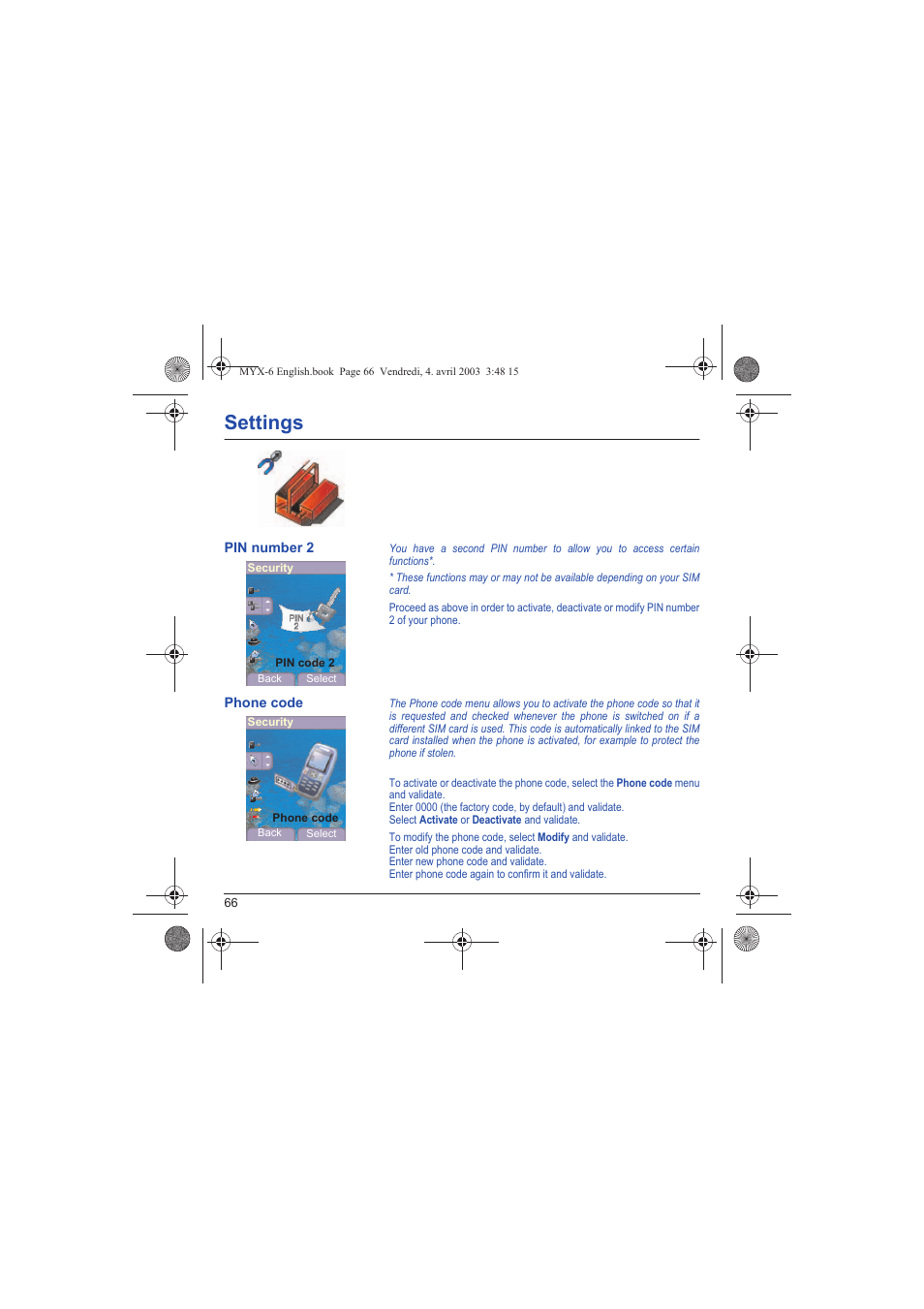 Pin number 2 phone code, Settings | Sagem myX-6 User Manual | Page 69 / 89