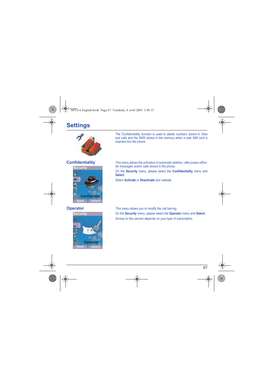 Confidentiality operator, Settings | Sagem myX-6 User Manual | Page 70 / 89