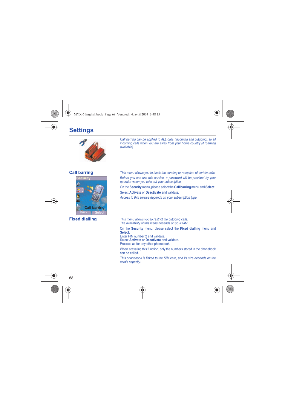 Call barring fixed dialling, Settings | Sagem myX-6 User Manual | Page 71 / 89