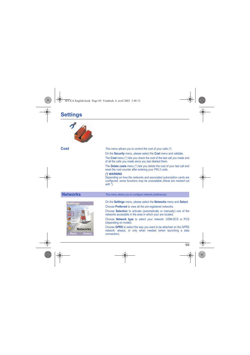 Cost, Networks, Settings | Sagem myX-6 User Manual | Page 72 / 89