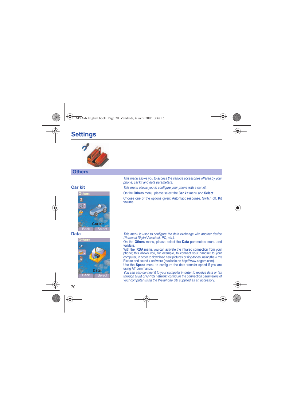 Others, Car kit data, Settings | Sagem myX-6 User Manual | Page 73 / 89