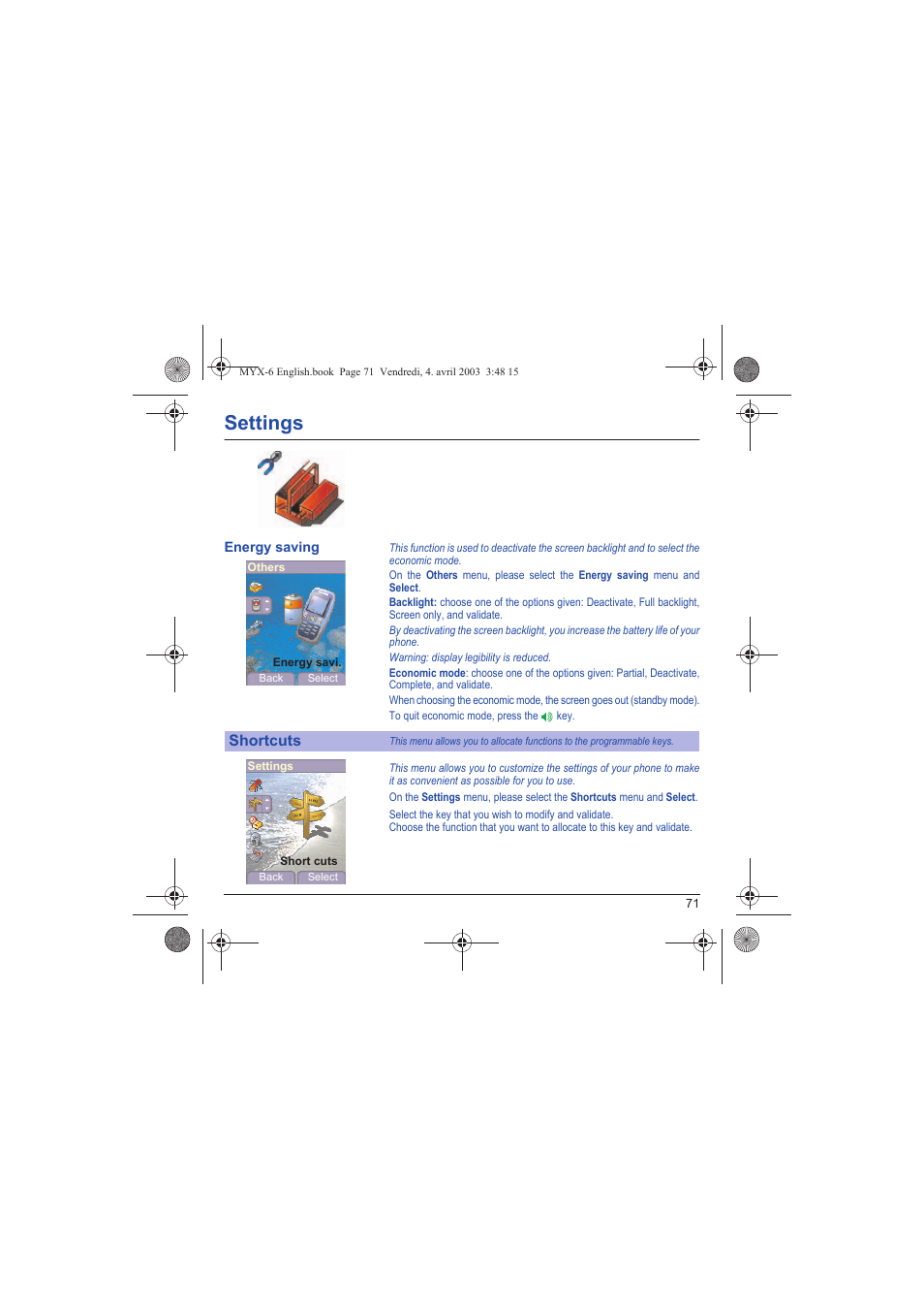 Energy saving, Shortcuts, Settings | Sagem myX-6 User Manual | Page 74 / 89