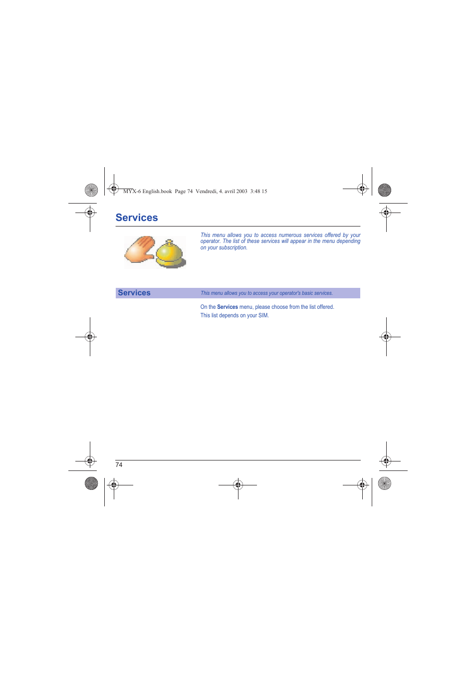 Services, Serv | Sagem myX-6 User Manual | Page 77 / 89