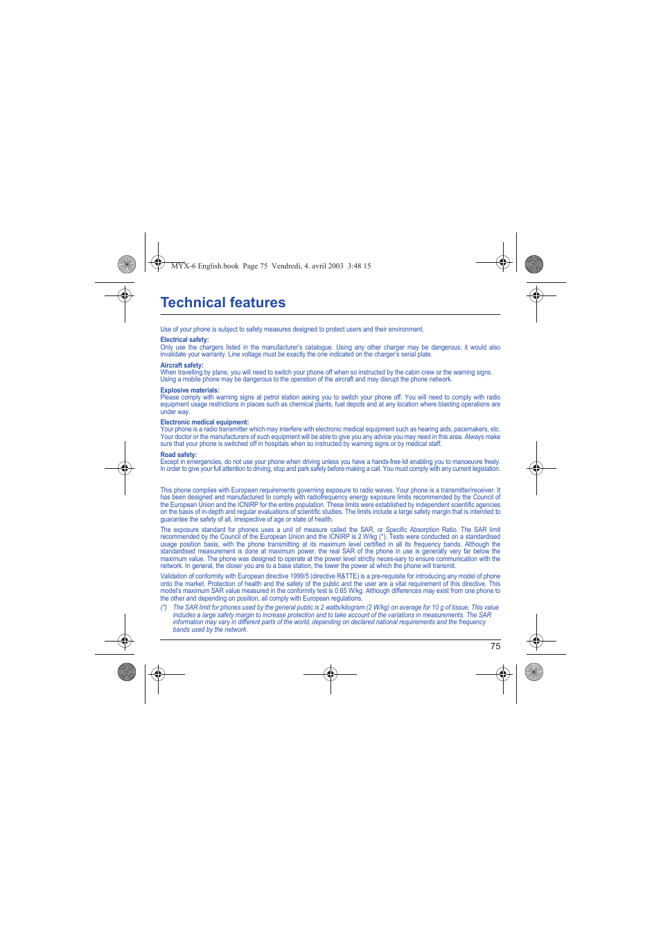 Technical features, Tech | Sagem myX-6 User Manual | Page 78 / 89