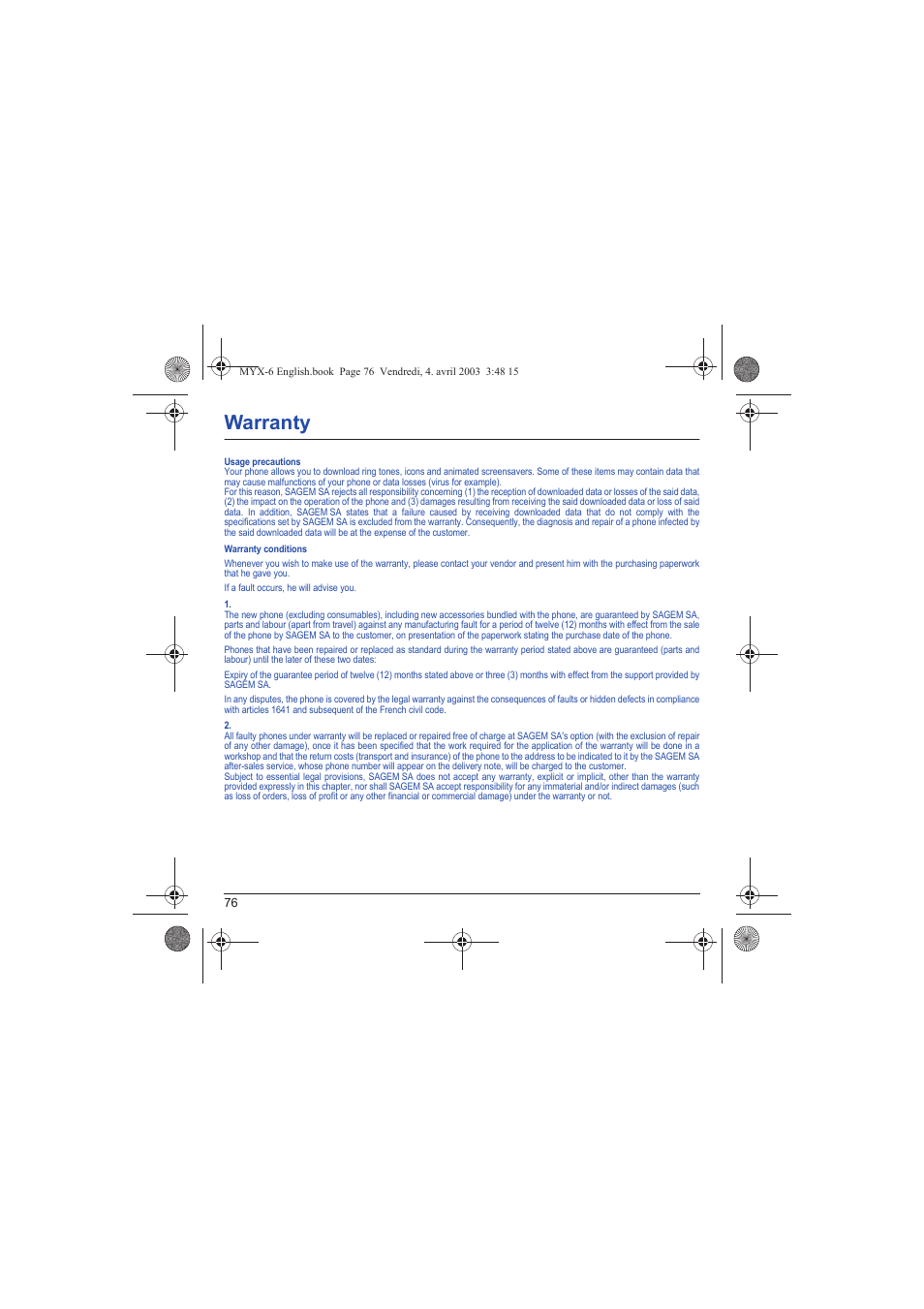 Warranty, Warrant | Sagem myX-6 User Manual | Page 79 / 89