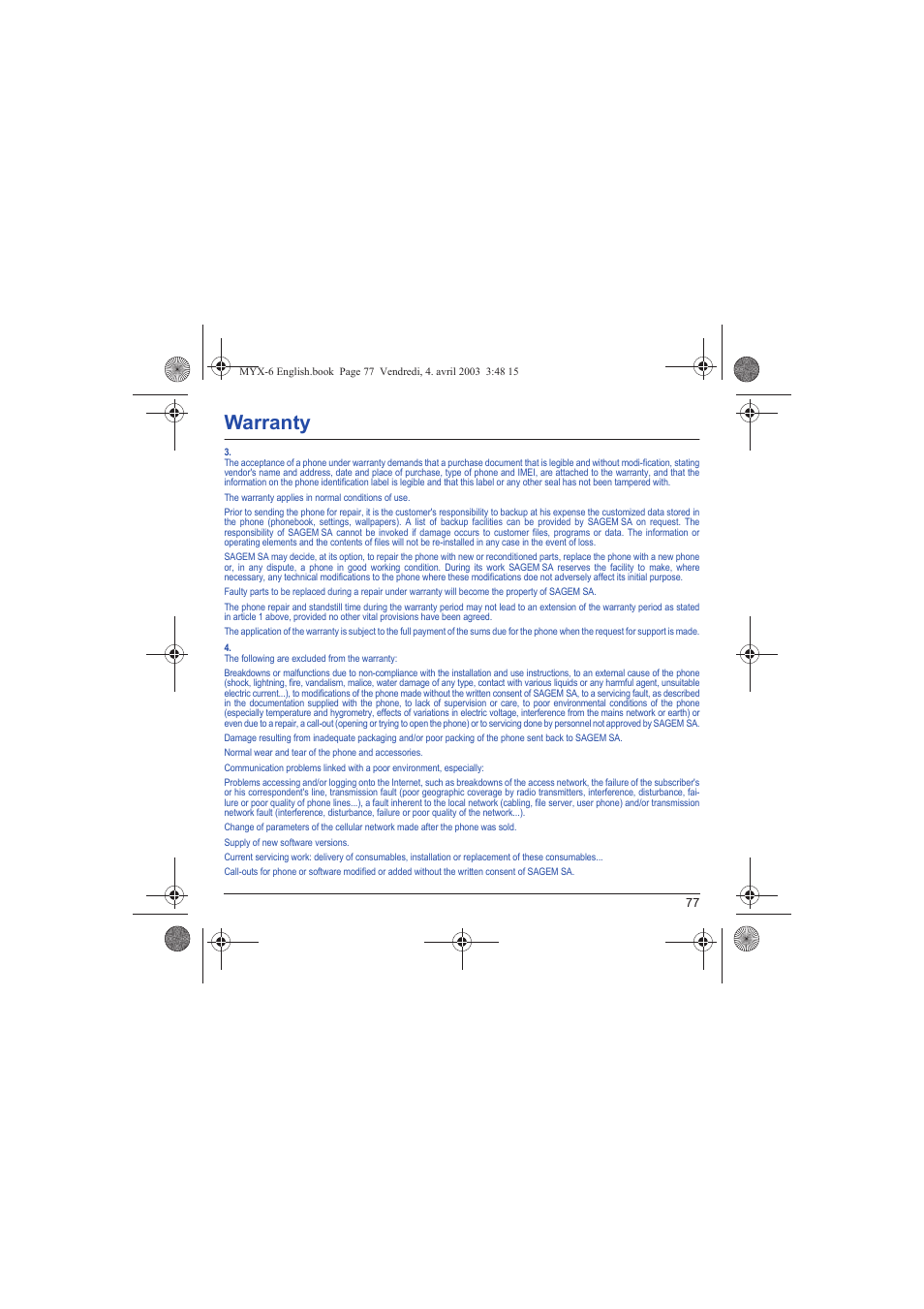 Warranty | Sagem myX-6 User Manual | Page 80 / 89