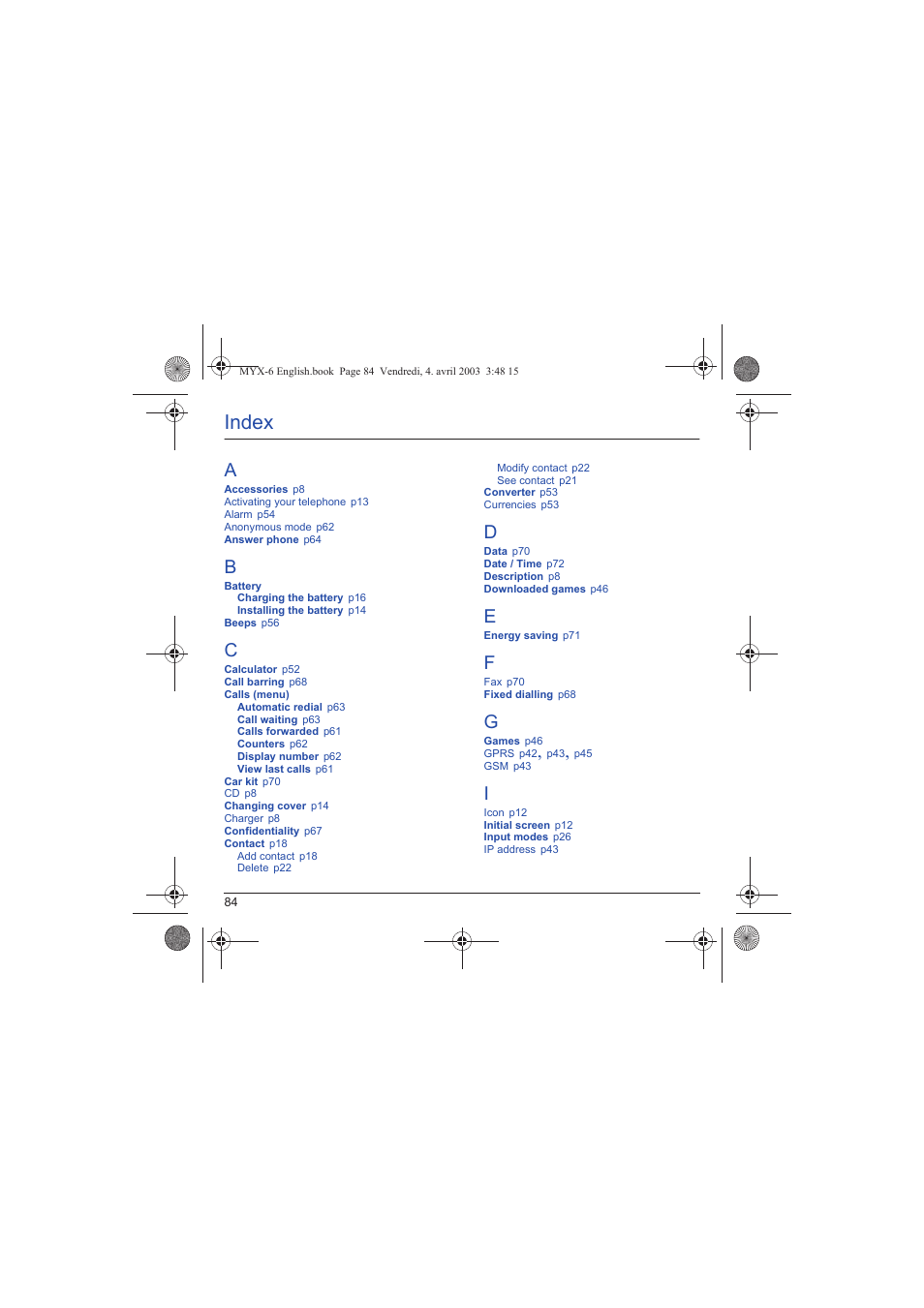 Index | Sagem myX-6 User Manual | Page 87 / 89