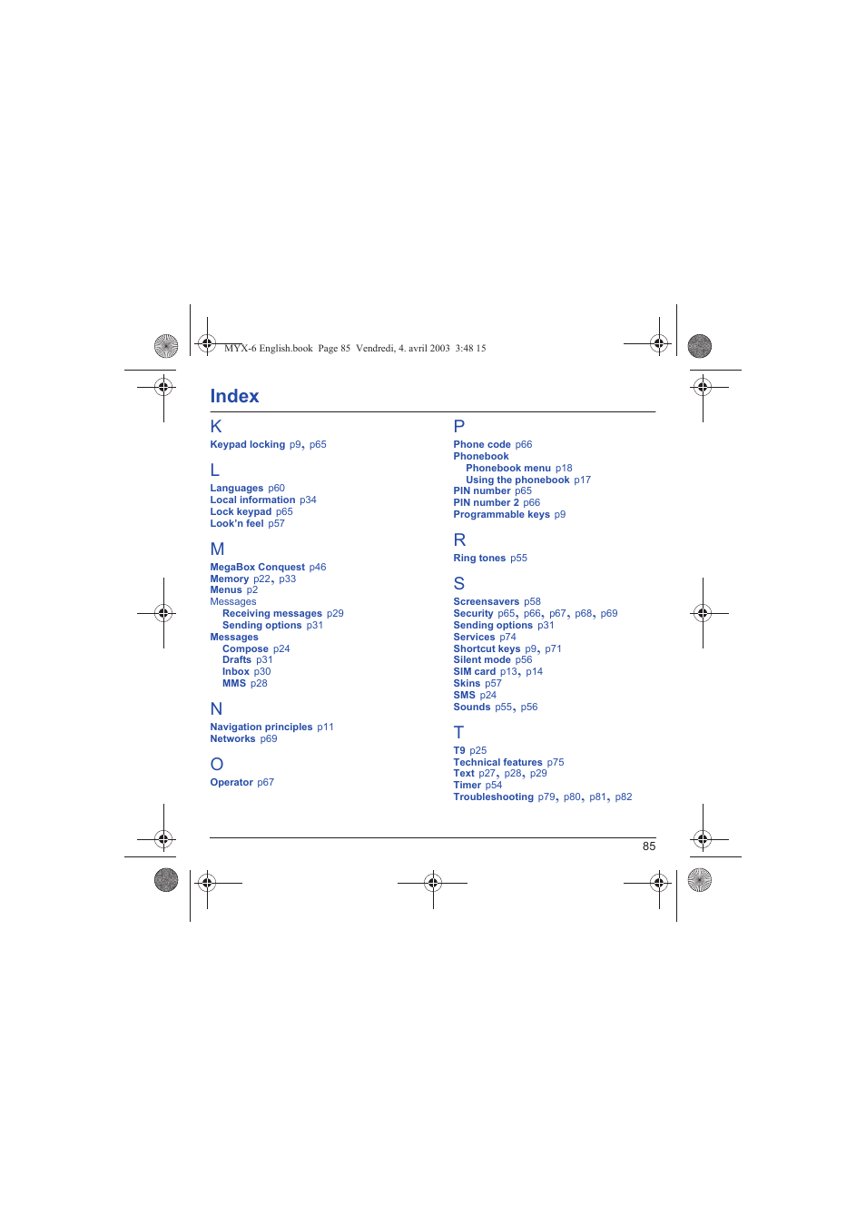 Index | Sagem myX-6 User Manual | Page 88 / 89