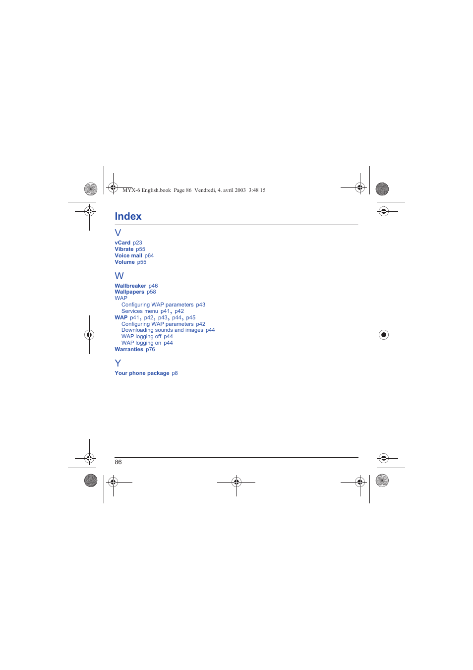 Index | Sagem myX-6 User Manual | Page 89 / 89