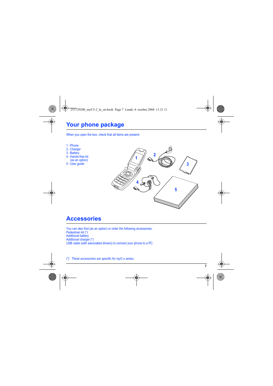 Your phone package, Accessories, Your phone package - accessories | Sagem myC5-2 User Manual | Page 10 / 99