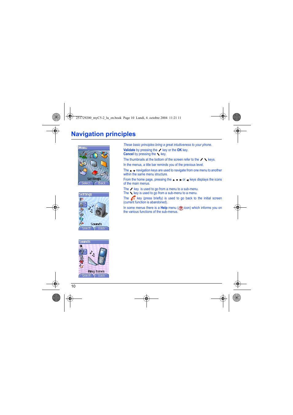 Navigation principles | Sagem myC5-2 User Manual | Page 13 / 99