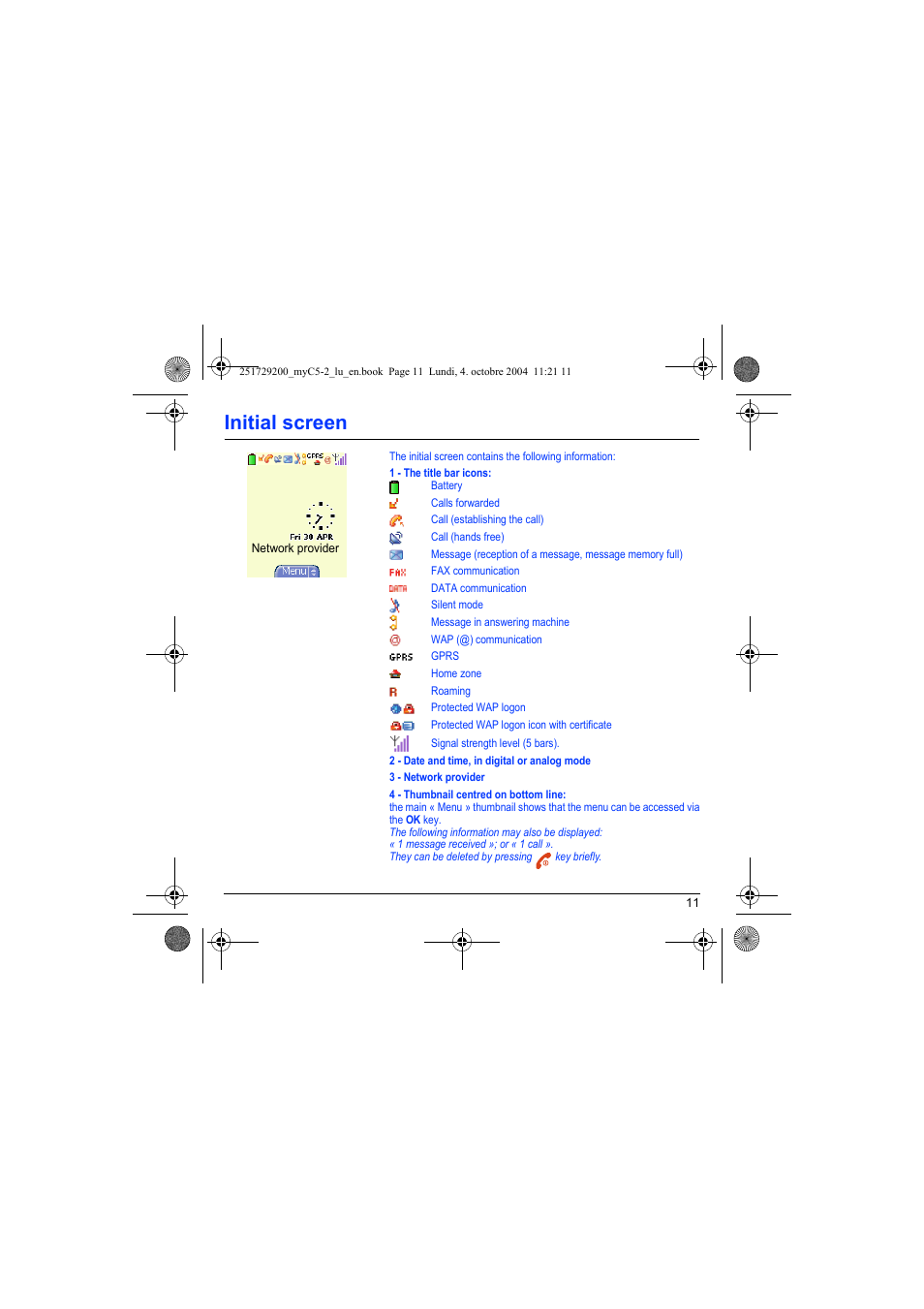 Initial screen | Sagem myC5-2 User Manual | Page 14 / 99