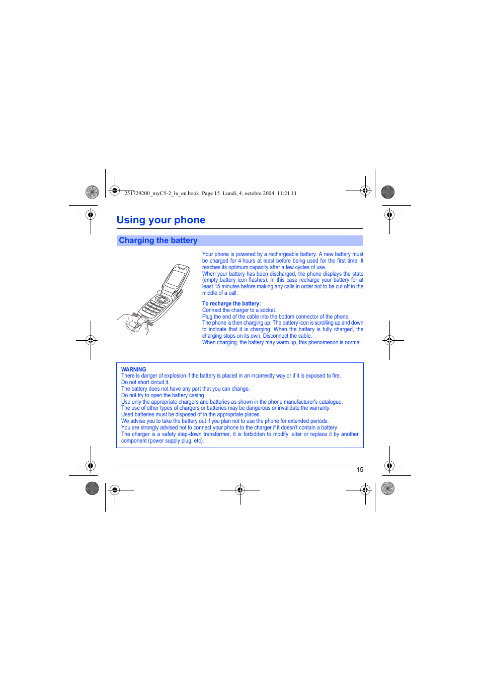 Charging the battery, Using your phone | Sagem myC5-2 User Manual | Page 18 / 99