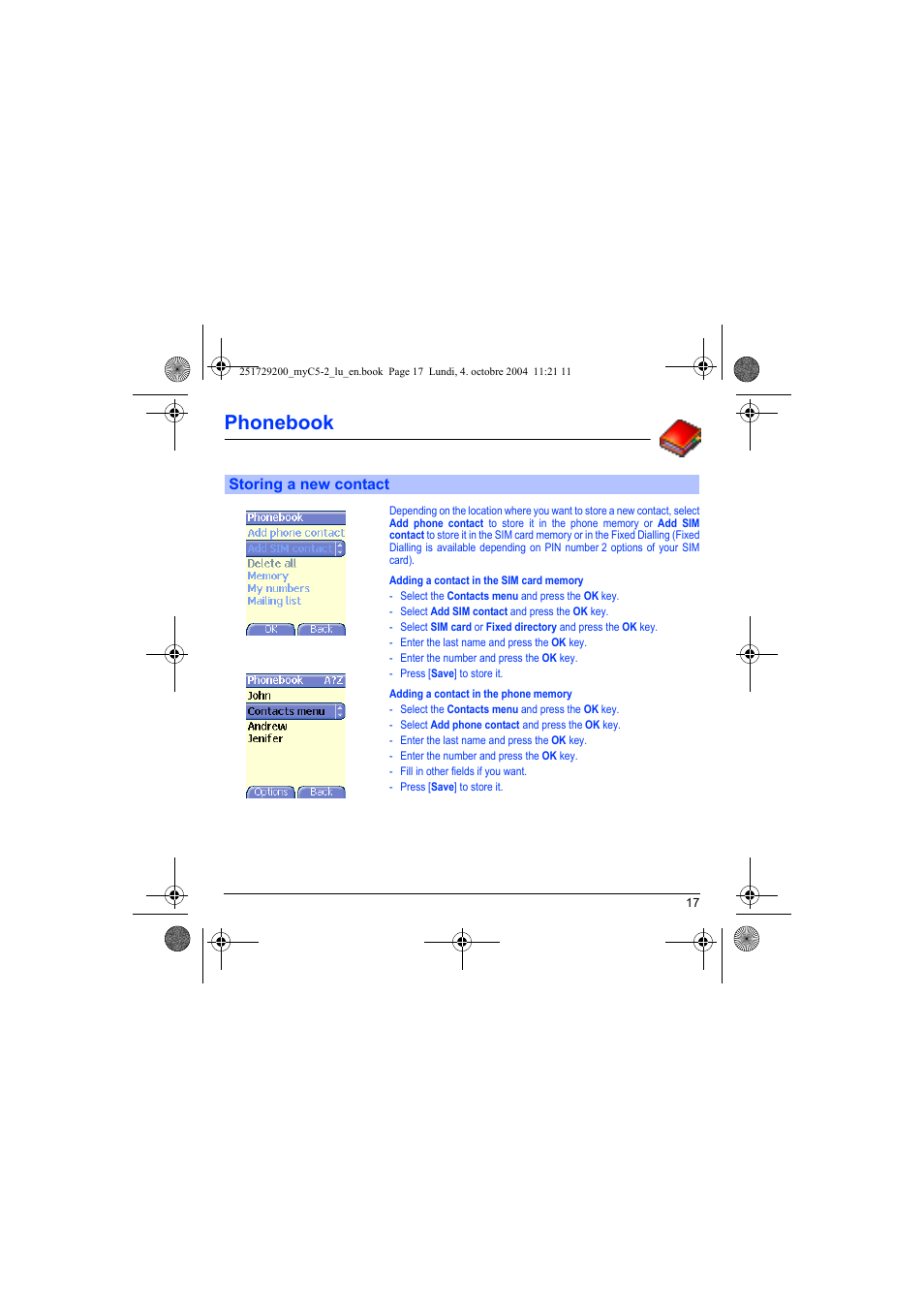 Storing a new contact, Phonebook | Sagem myC5-2 User Manual | Page 20 / 99