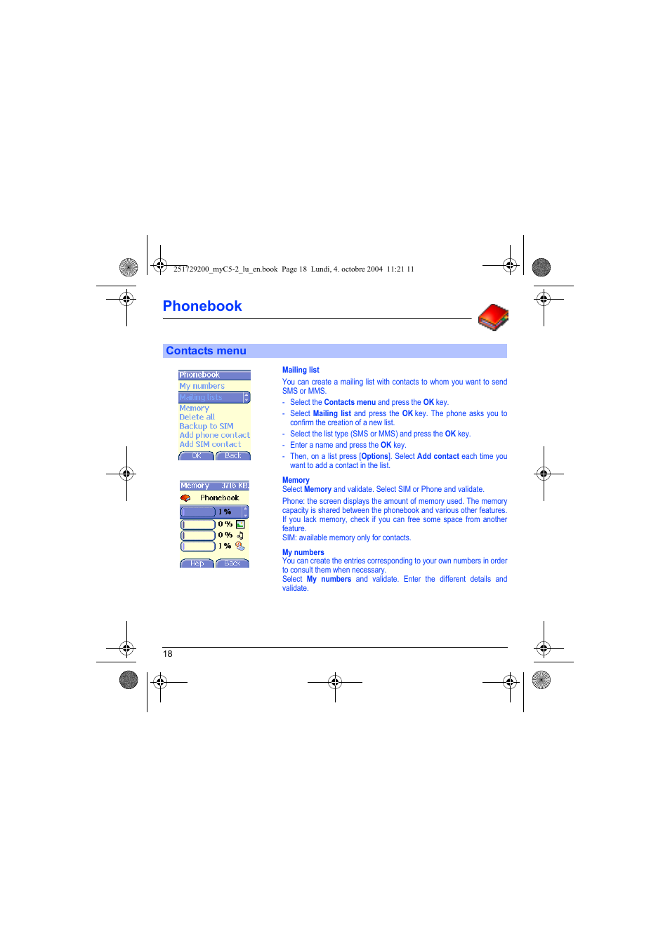 Contacts menu, Phonebook | Sagem myC5-2 User Manual | Page 21 / 99