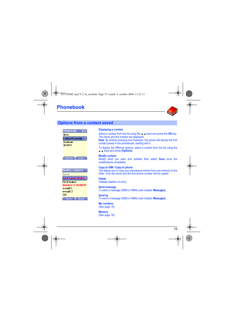 Options from a contact saved, Phonebook | Sagem myC5-2 User Manual | Page 22 / 99