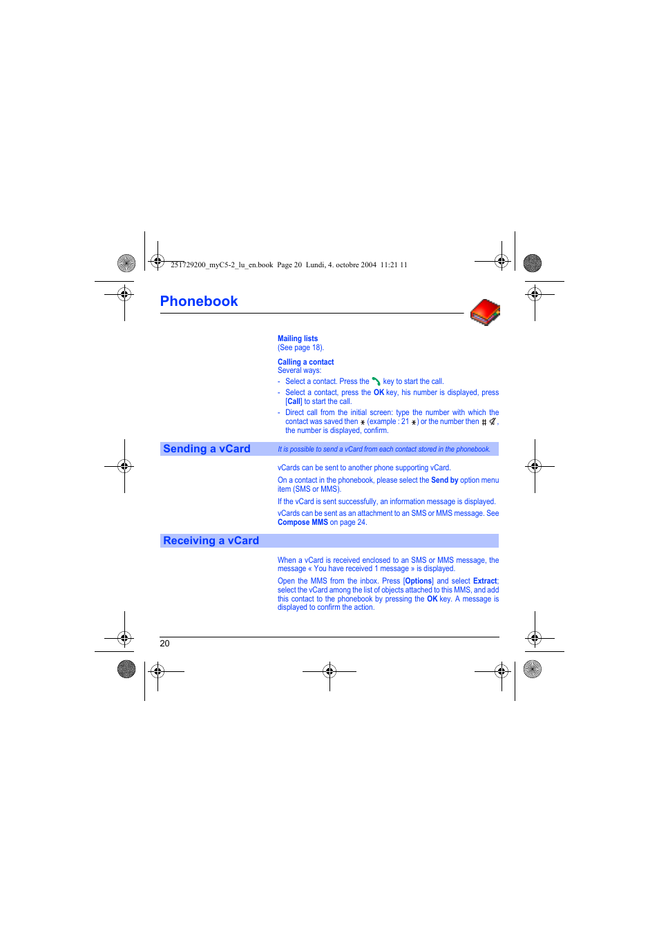 Sending a vcard receiving a vcard, Phonebook | Sagem myC5-2 User Manual | Page 23 / 99