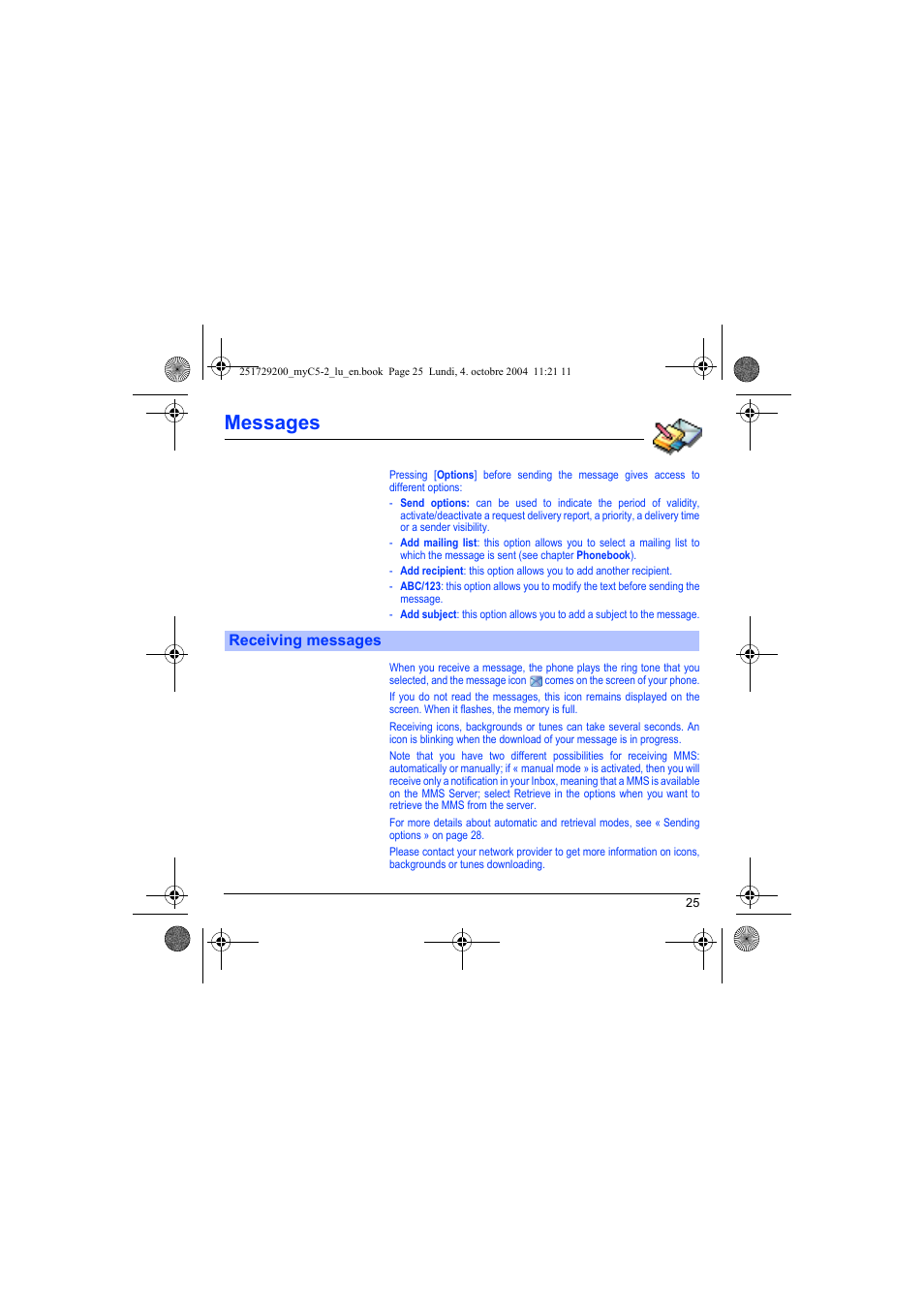 Receiving messages, Messages | Sagem myC5-2 User Manual | Page 28 / 99