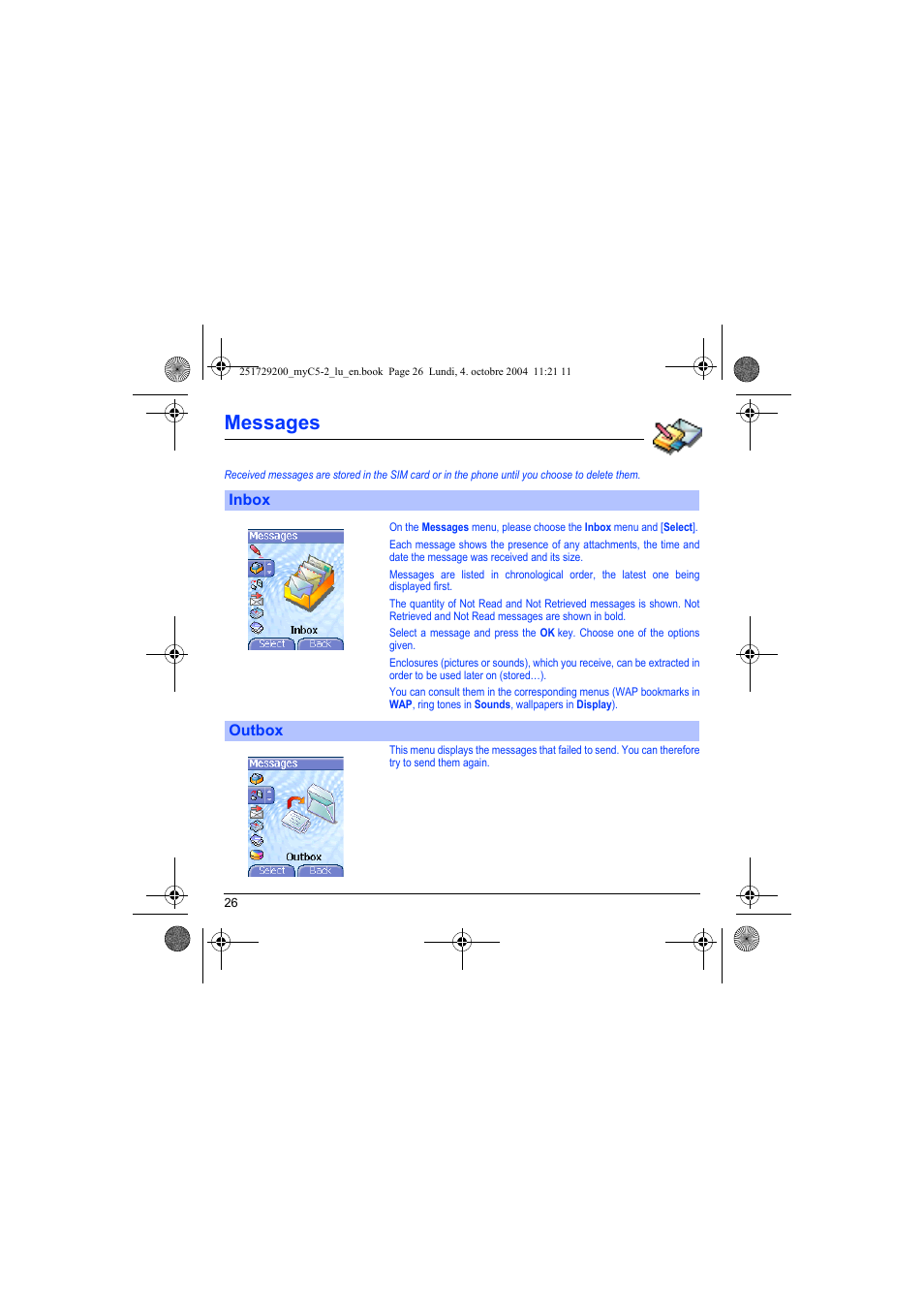 Inbox outbox, Messages | Sagem myC5-2 User Manual | Page 29 / 99