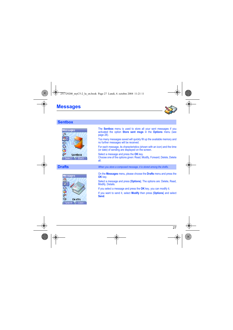 Sentbox drafts, Messages | Sagem myC5-2 User Manual | Page 30 / 99