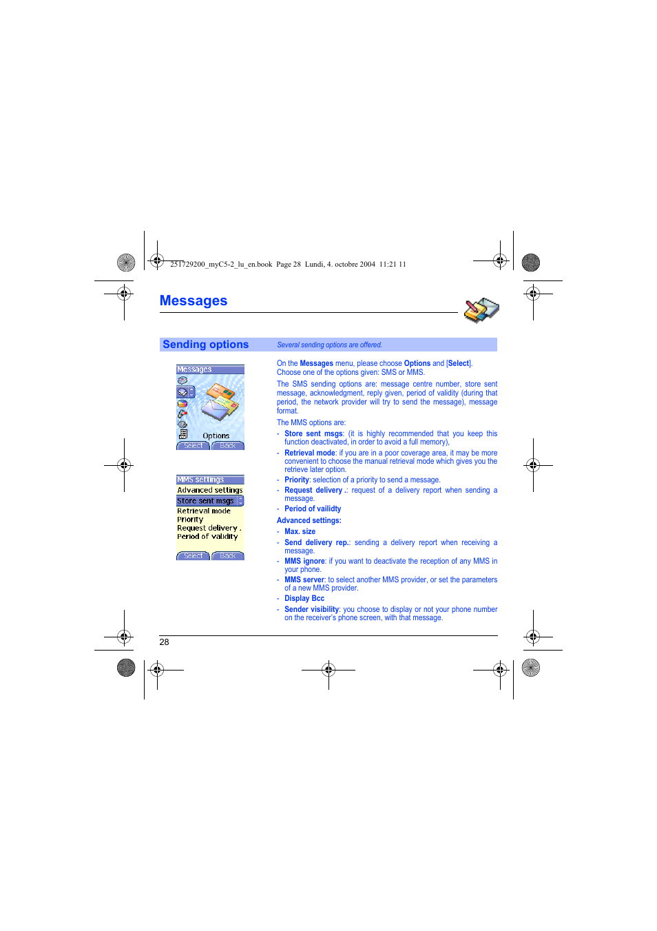 Sending options, Sending, Options | Messages | Sagem myC5-2 User Manual | Page 31 / 99