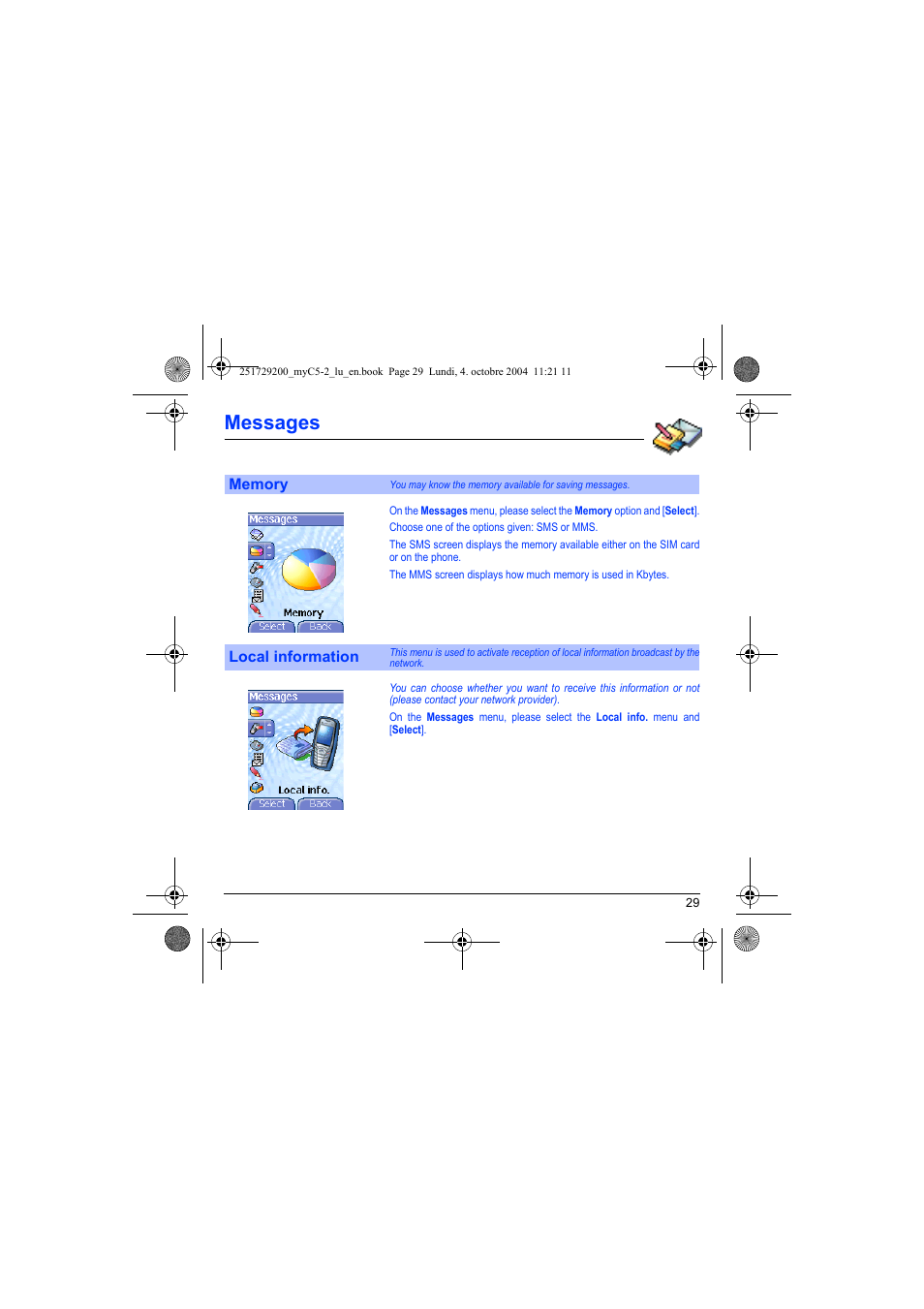 Memory local information, Messages | Sagem myC5-2 User Manual | Page 32 / 99