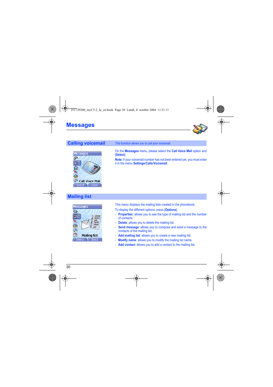 Calling voicemail mailing list, Messages | Sagem myC5-2 User Manual | Page 33 / 99