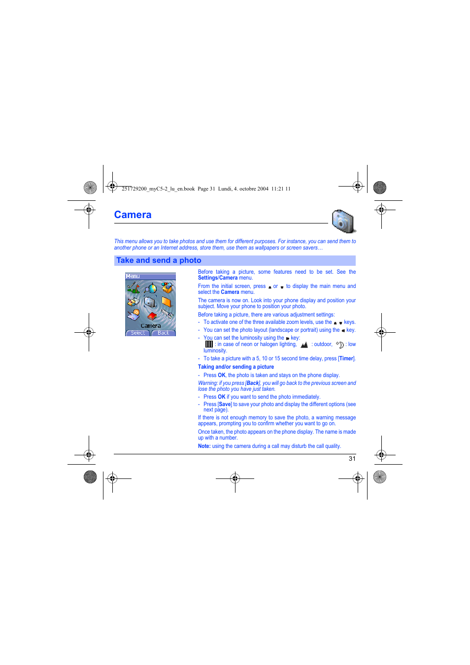 Camera, Take and send a photo | Sagem myC5-2 User Manual | Page 34 / 99