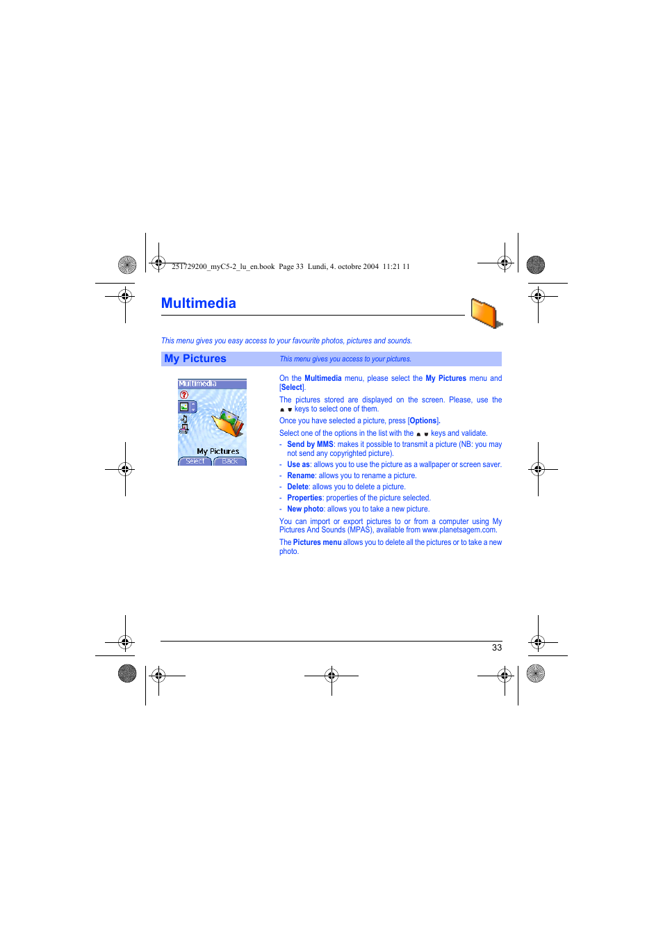 Multimedia, My pictures | Sagem myC5-2 User Manual | Page 36 / 99