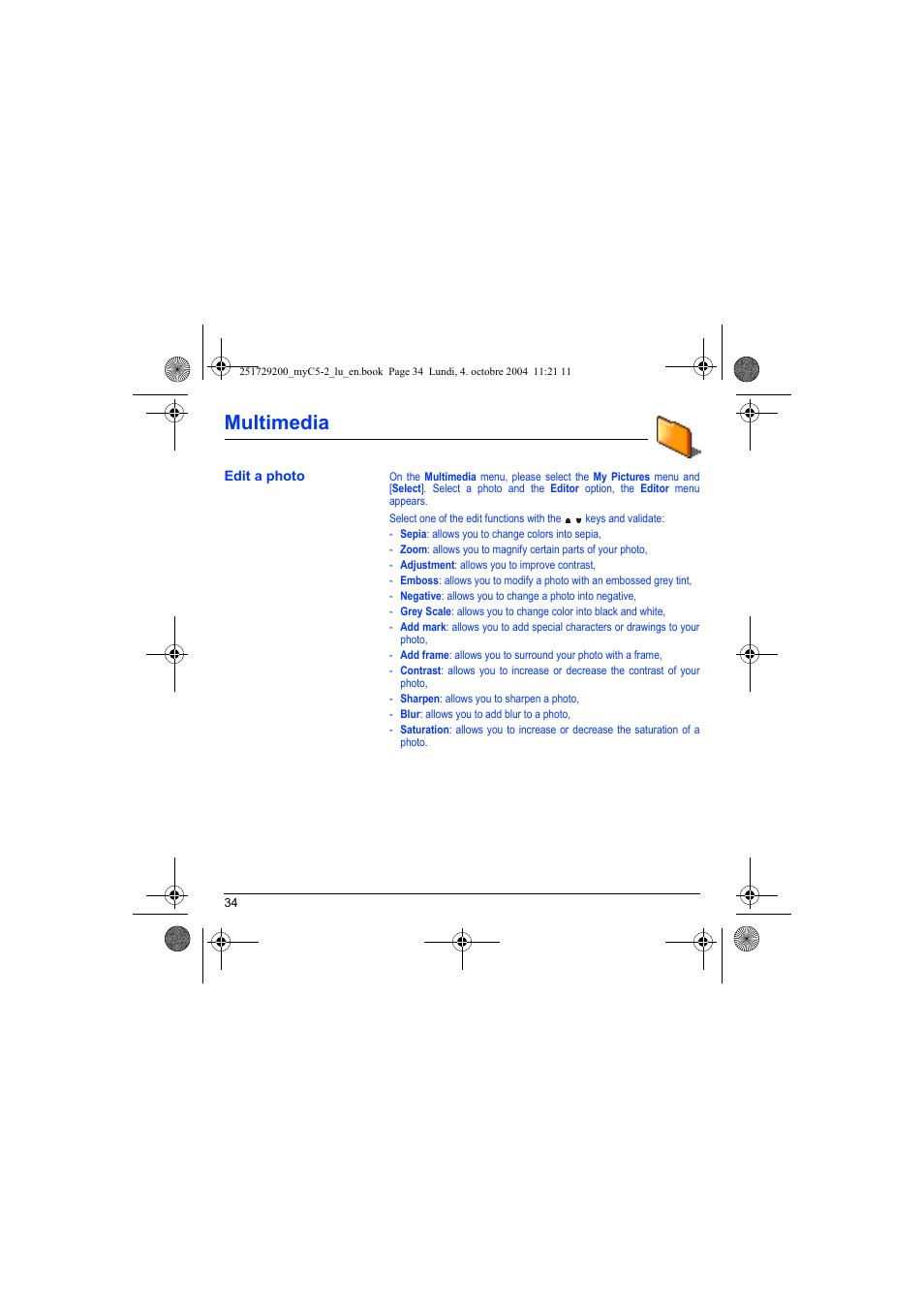 Edit a photo, Multimedia | Sagem myC5-2 User Manual | Page 37 / 99