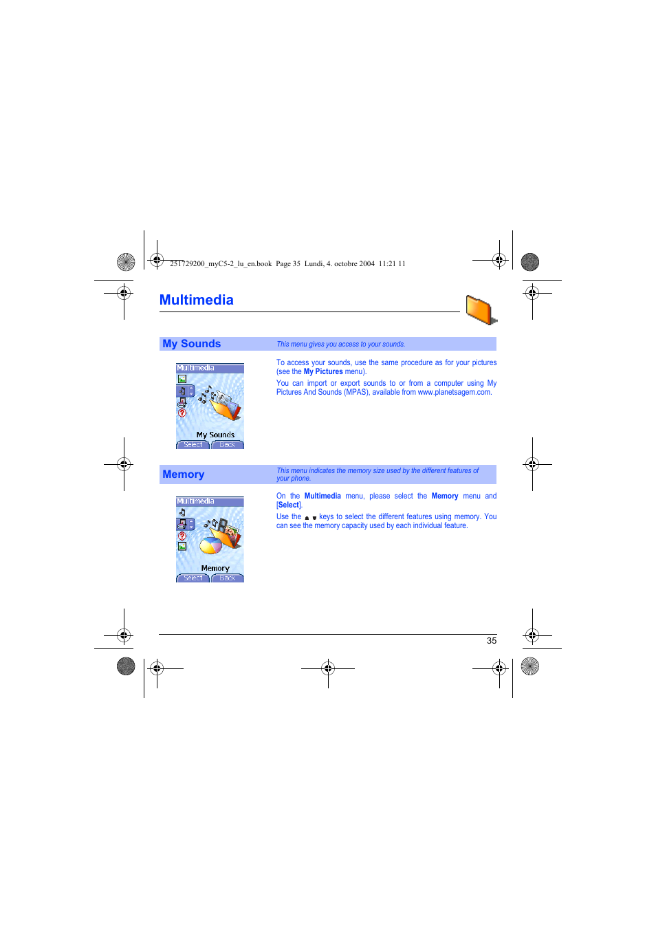 My sounds memory, Multimedia | Sagem myC5-2 User Manual | Page 38 / 99