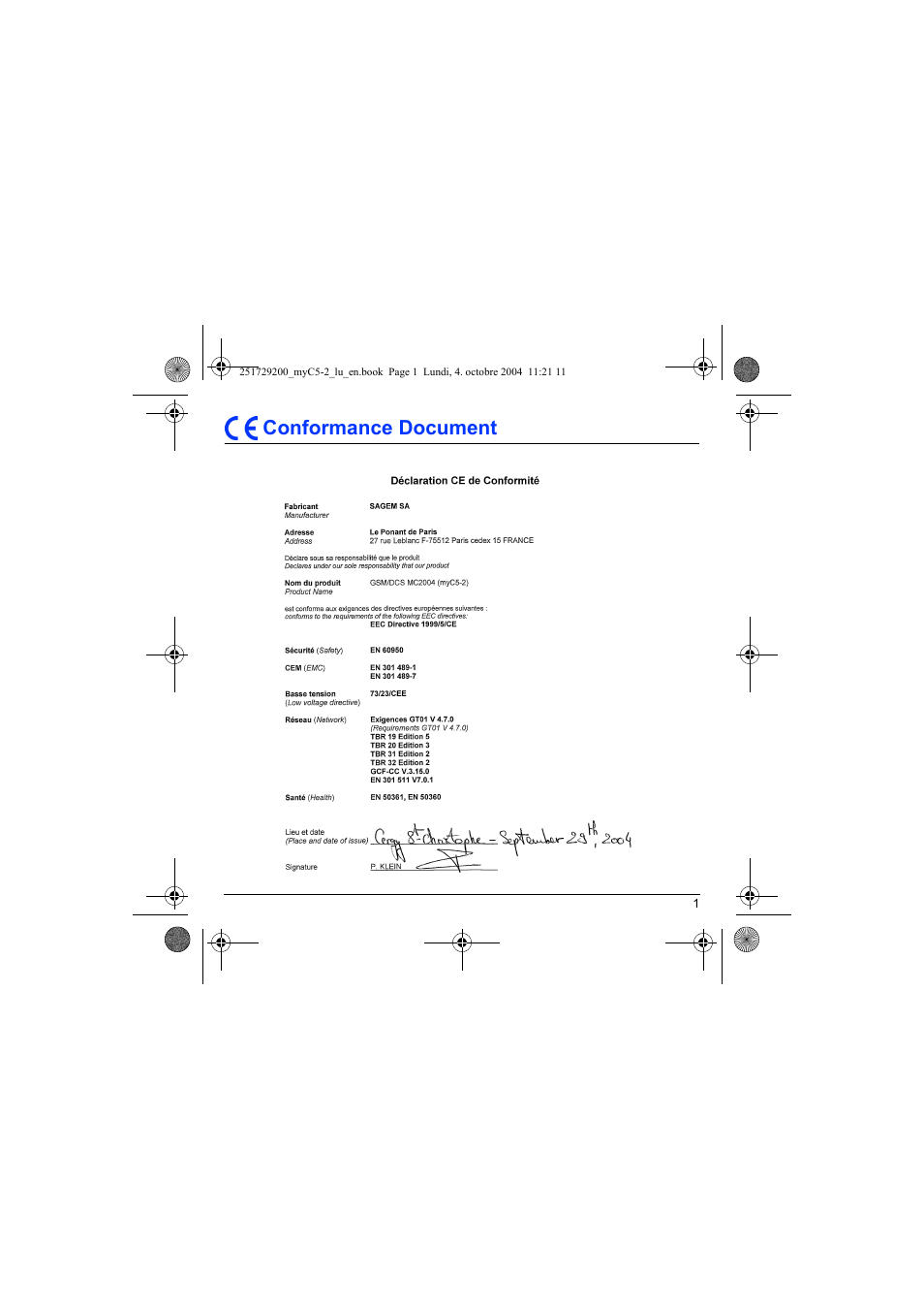 Conformance document | Sagem myC5-2 User Manual | Page 4 / 99