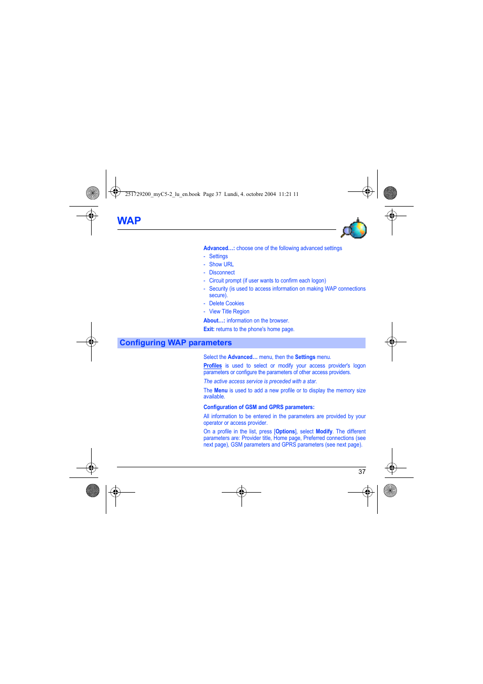 Configuring wap parameters | Sagem myC5-2 User Manual | Page 40 / 99