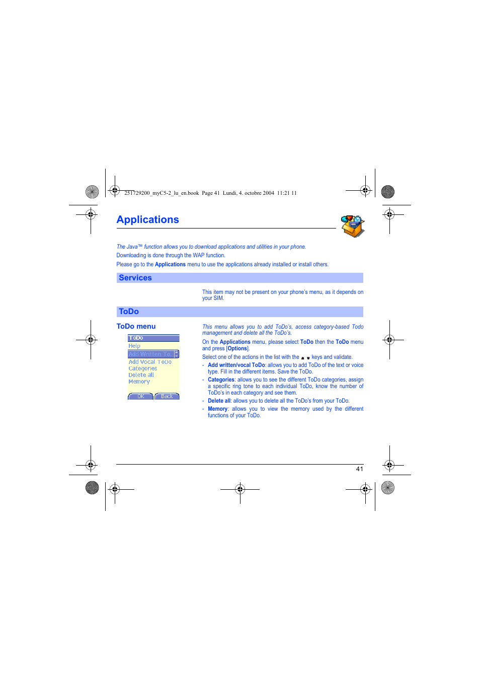 Applications, Services todo, Todo menu | Sagem myC5-2 User Manual | Page 44 / 99