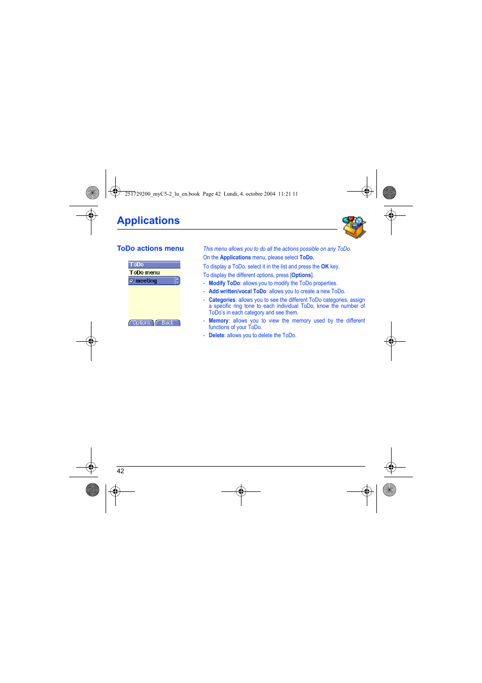 Todo actions menu, Applications | Sagem myC5-2 User Manual | Page 45 / 99