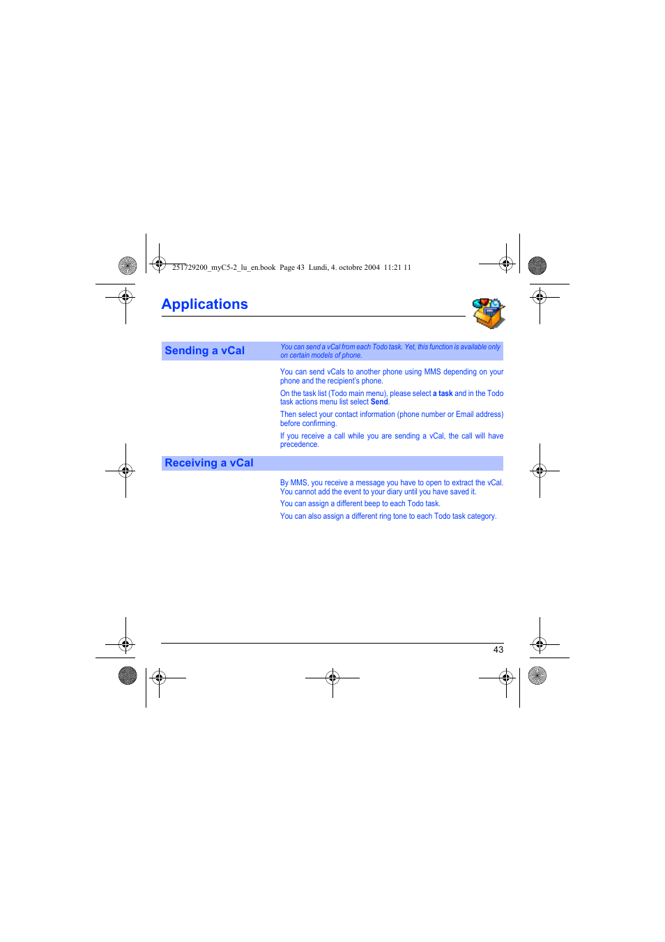 Sending a vcal receiving a vcal, Applications | Sagem myC5-2 User Manual | Page 46 / 99