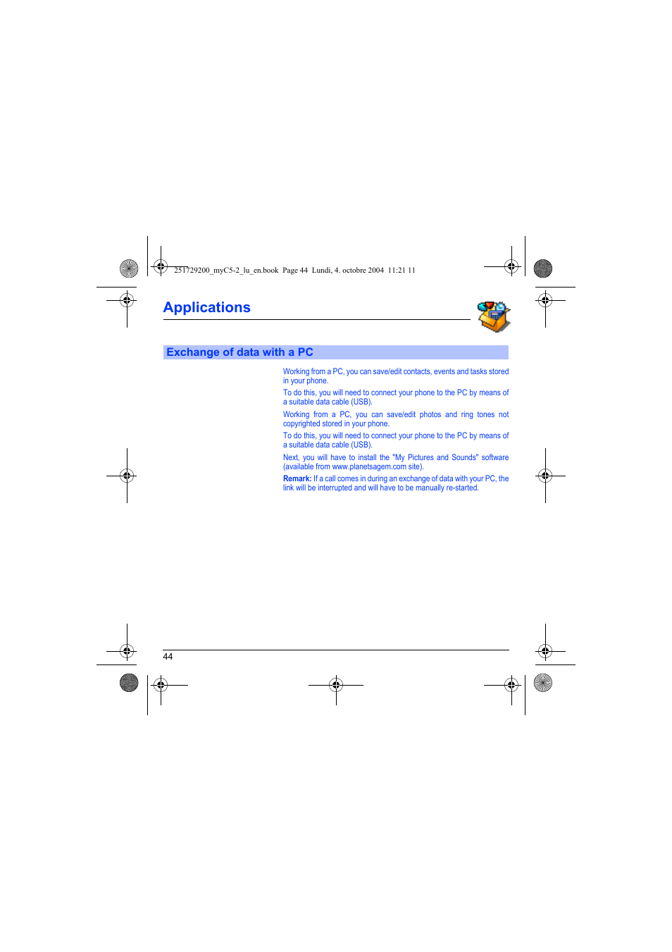 Exchange of data with a pc, Applications | Sagem myC5-2 User Manual | Page 47 / 99