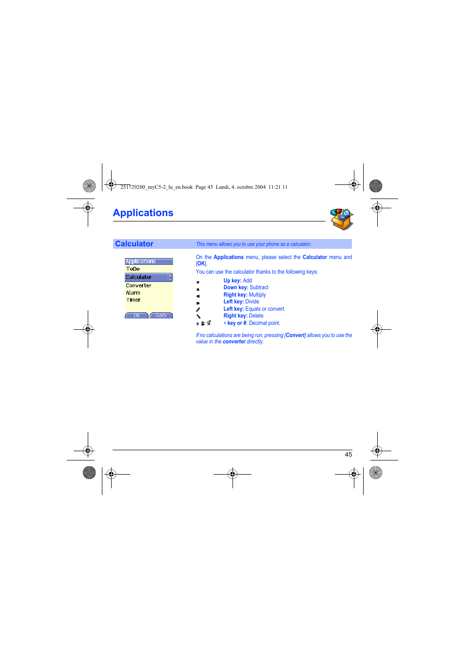 Calculator, Applications | Sagem myC5-2 User Manual | Page 48 / 99