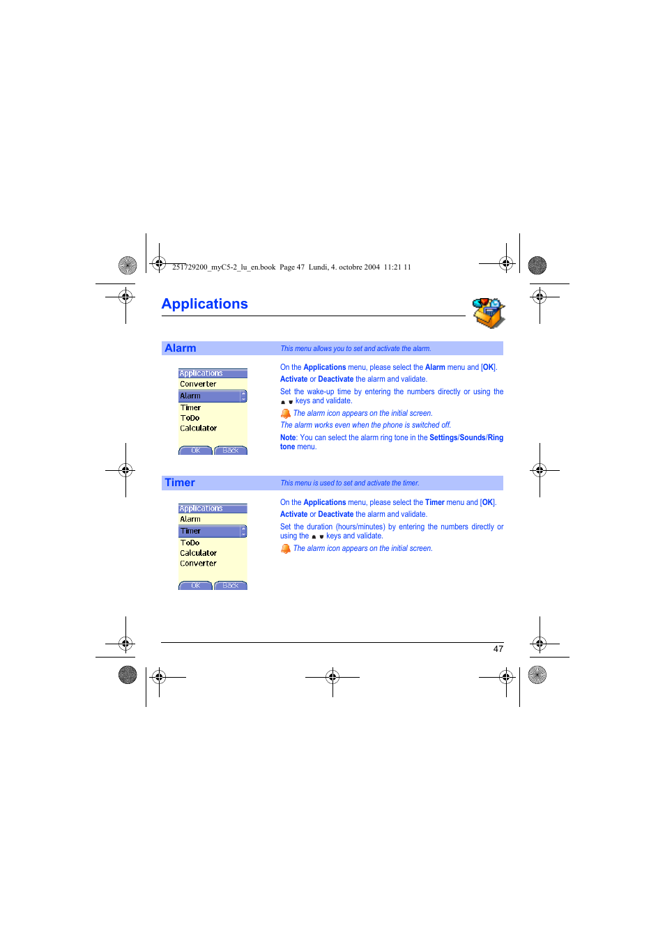 Alarm timer, Applications | Sagem myC5-2 User Manual | Page 50 / 99